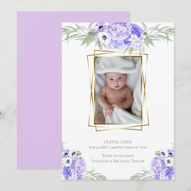 Invitation Bébé | Ajouter Photo Violet Anémonique Floral (Devant / Derrière)