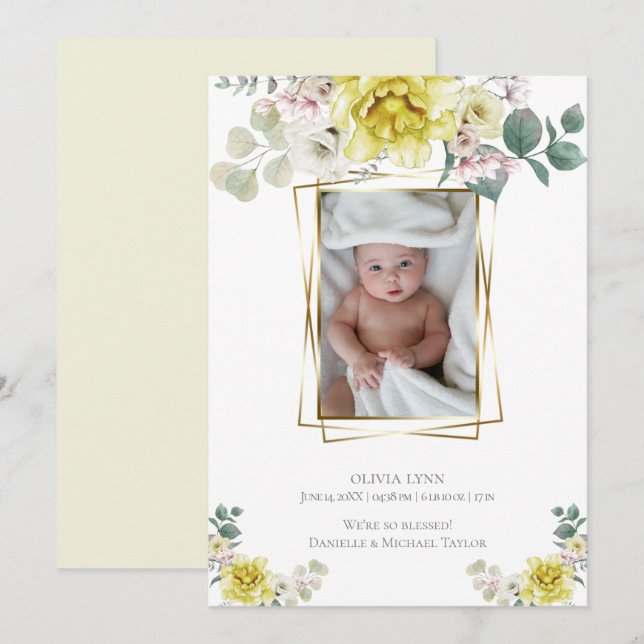 Invitation Bébé | Ajouter Photo Yellow Peonies Gold Frame (Devant / Derrière)