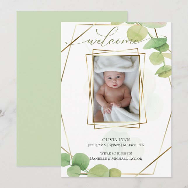 Invitation Bébé |  Ajouter une photo Moderne Eucalyptus Print (Devant / Derrière)