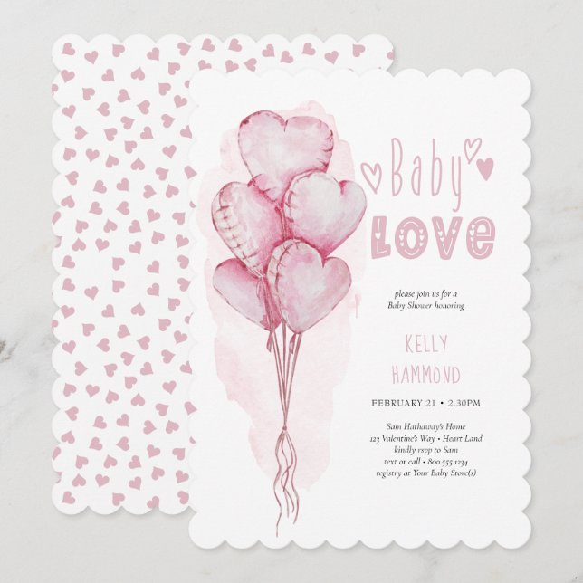 Invitation Bébé Amour Coeur rose Ballons Fille Baby shower (Devant / Derrière)