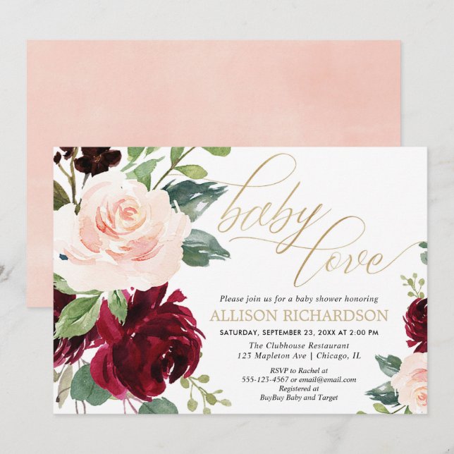 Invitation Bébé Amour rose or bordeaux floral fille douche (Devant / Derrière)