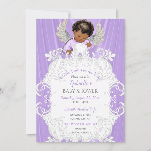 Invitation Bébé Ange Lavande Argent Ton Peau Foncé (Devant)