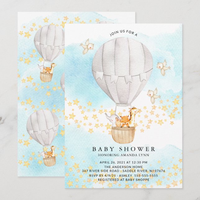 Invitation Bébé Animaux à air chaud Baby shower neutre (Devant / Derrière)