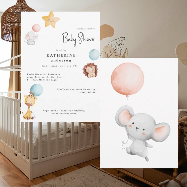 Invitation Bébé Animaux avec Ballons Baby shower mignon (Créateur téléchargé)