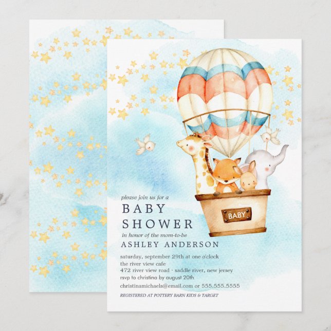 Invitation Bébé Animaux Hot Air Balloon Baby shower à tour (Devant / Derrière)