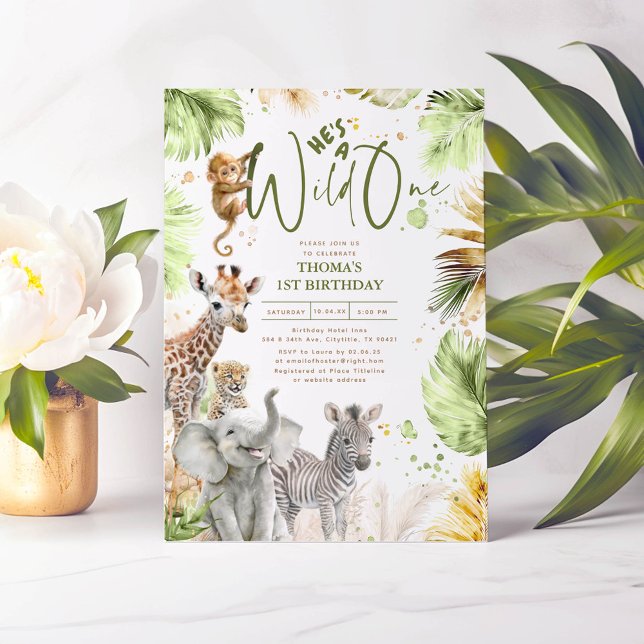 Invitation Bébé Animaux Jungle Safari Sauvage Un 1er annivers (Safari Animals Wild One 1st Birthday Invitations)