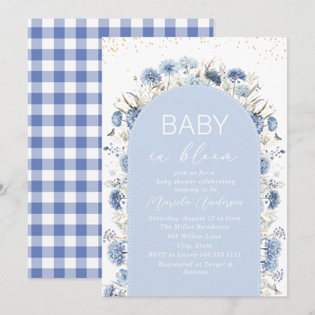 Invitation Bébé aquarelle élégant dans des fleurs bleues Bloo (Devant / Derrière)