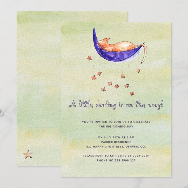 Invitation Bébé aquarelle en route baby shower (Devant / Derrière)
