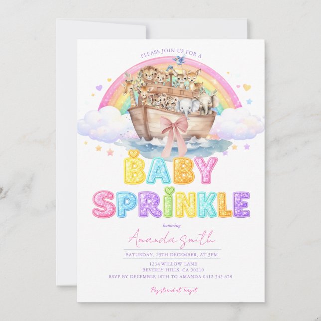 Invitation Bébé Arc de Noé Sprinkle Glitter Arc-en-ciel  (Devant)