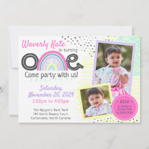 Invitation Bébé Arc-en-ciel 1er Anniversaire Kawaii Dessins 2