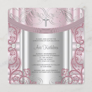 Invitation Bébé argenté et rose Christening fille
