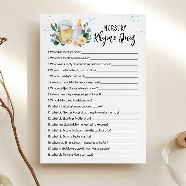 Invitation Bébé arrive jeu quiz sur les comptines de la nurse (Beer and Floral Baby is Brewing Baby Shower Nursery Rhyme Quiz Game Card)