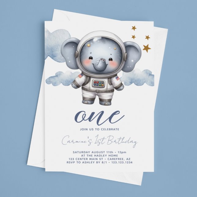 Invitation Bébé astronaute éléphant 1er anniversaire (Créateur téléchargé)