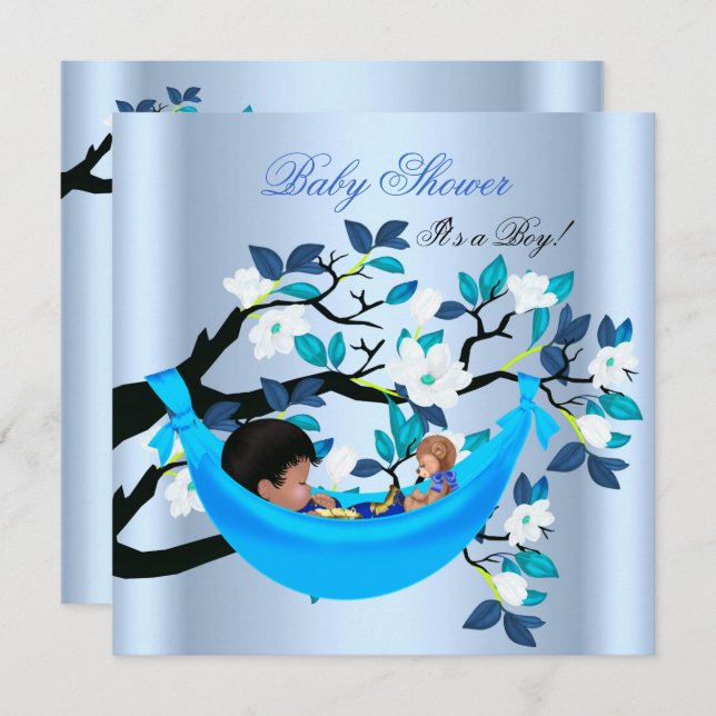 Invitation Bébé Baby shower mignon Bleu Hamac (Devant / Derrière)