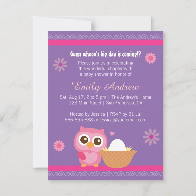 Invitation Bébé, baby shower mignon de hibou (Devant)