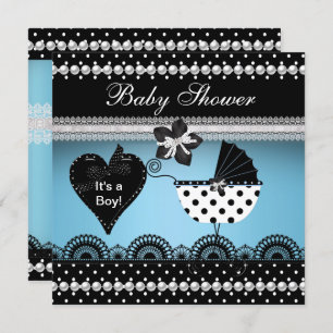 Invitation Bébé Baby shower mignon Garçon bleu Black Spot 2