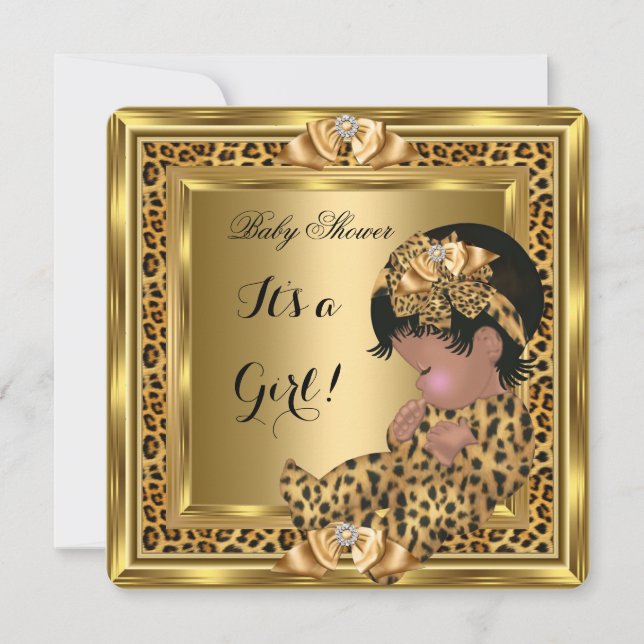Invitation Bébé Baby shower mignonne fille Leopard Gold Frame (Devant)