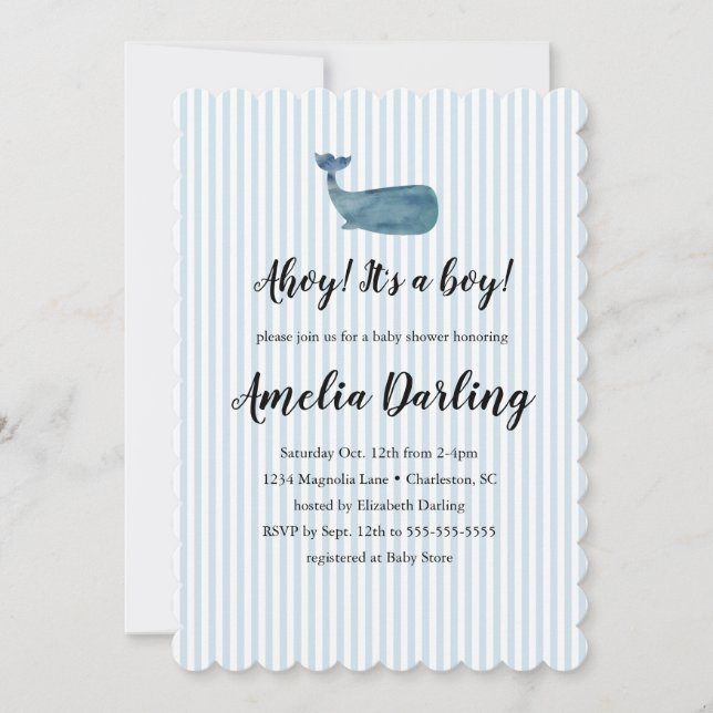 Invitation Bébé Baleine Garçon Baby Shower Rayure (Devant)