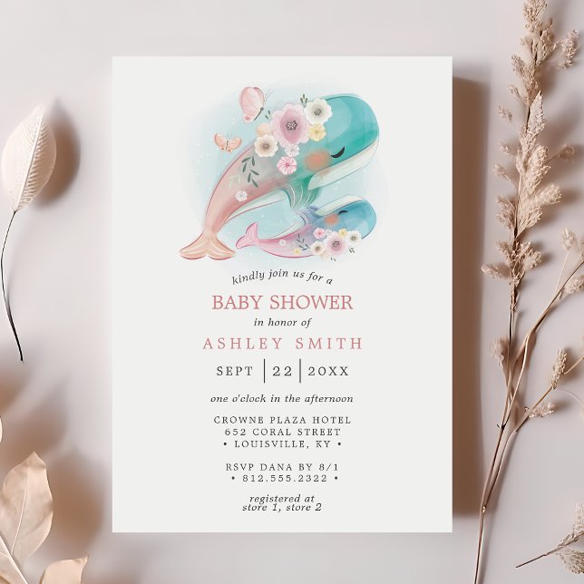 Invitation Bébé Baleines Fille Fleurs Aquarelle Shower (Créateur téléchargé)