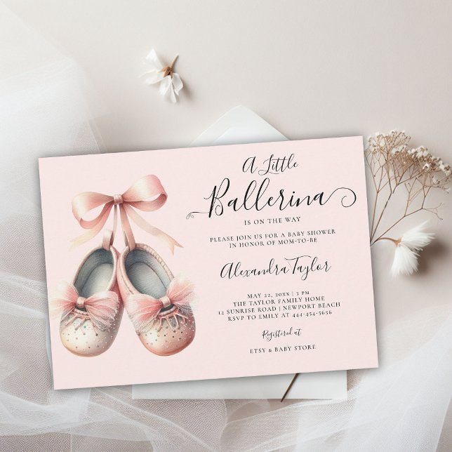 Invitation Bébé Ballerina Chaussures Pink Bow Sweet Girl Douc (little ballerina baby girl shower invitation pink blush gold bow ballet shoes watercolor cute chic)