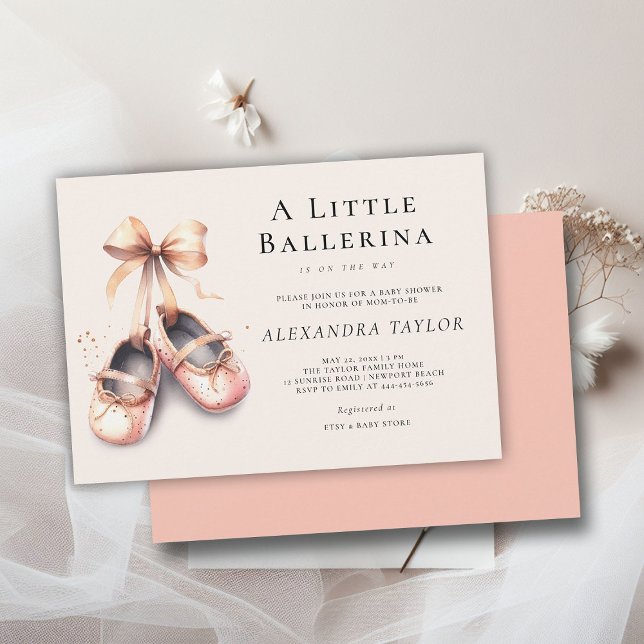 Invitation Bébé Ballerina Chaussures Rose Or Bow Girl Douche (little ballerina baby girl shower invitation pink blush gold bow ballet shoes watercolor cute girly)
