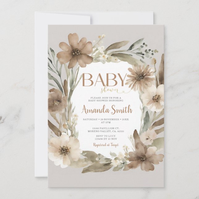 Invitation Bébé beige en fleurs Baby shower fille (Devant)