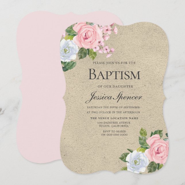 Invitation Bébé Bénédiction rose Floral Baby Girl Baptism Inv (Devant / Derrière)