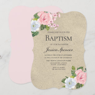 Invitation Bébé Bénédiction rose Floral Baby Girl Baptism Inv