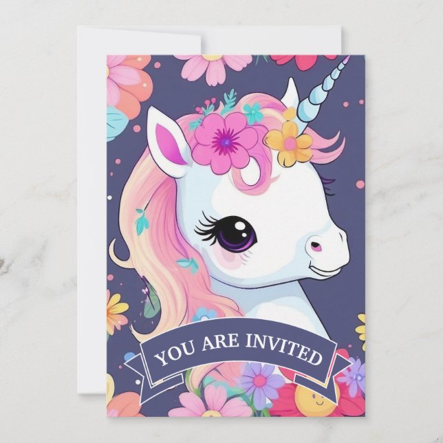 Invitation Bébé blanc adorable licorne avec fleurs (Devant)