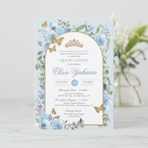 Invitation Bébé Bleu Aquarelle Bouton doré Quinceanera