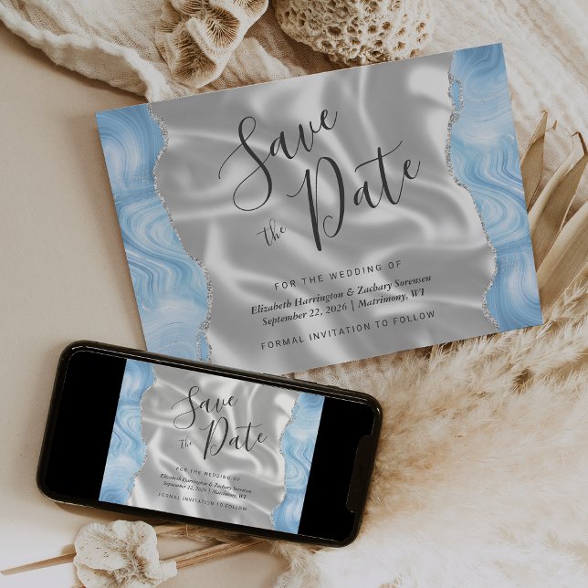 Invitation Bébé Bleu Argent Agate Blanc Soie Enregistrer la D (Créateur téléchargé)