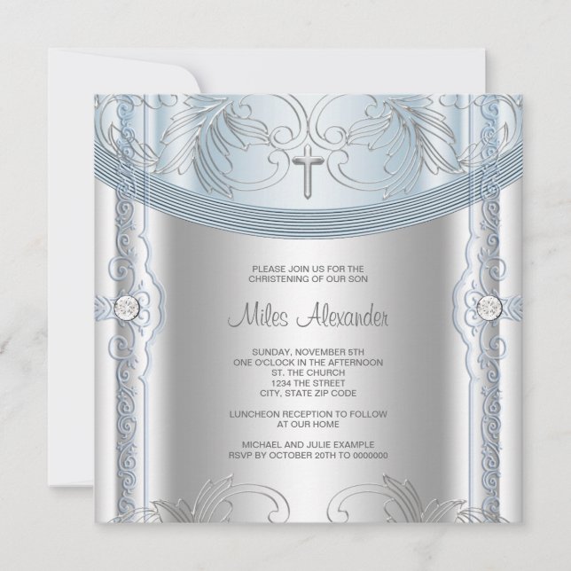 Invitation Bébé Bleu Argent Bébé Christening (Devant)