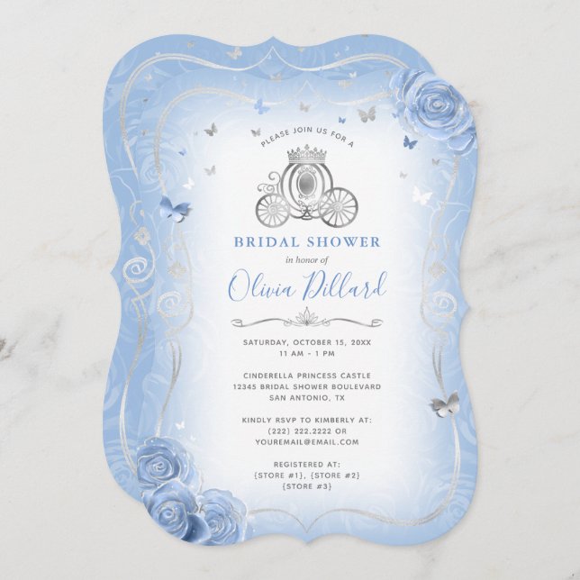 Invitation Bébé Bleu Argent Cendrillon Princesse Fête des mar (Devant / Derrière)