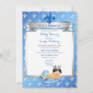 Invitation Bébé Bleu & Argent Fleur de Lis Prince Coussin