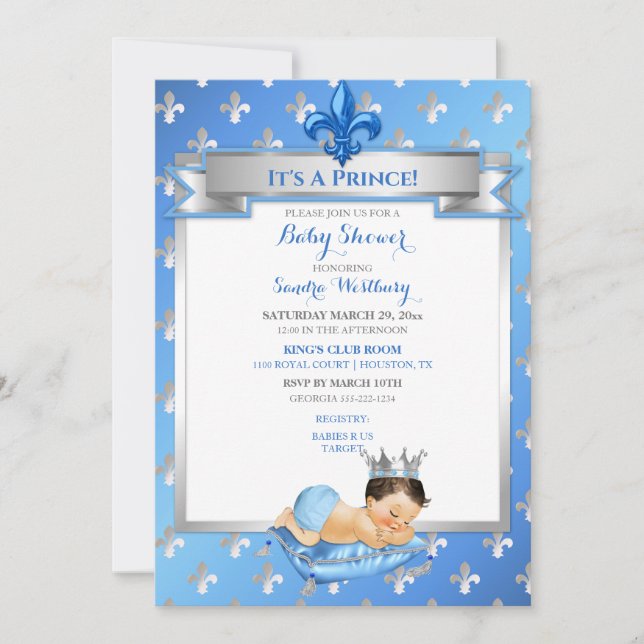 Invitation Bébé Bleu & Argent Fleur de Lis Prince Coussin (Devant)