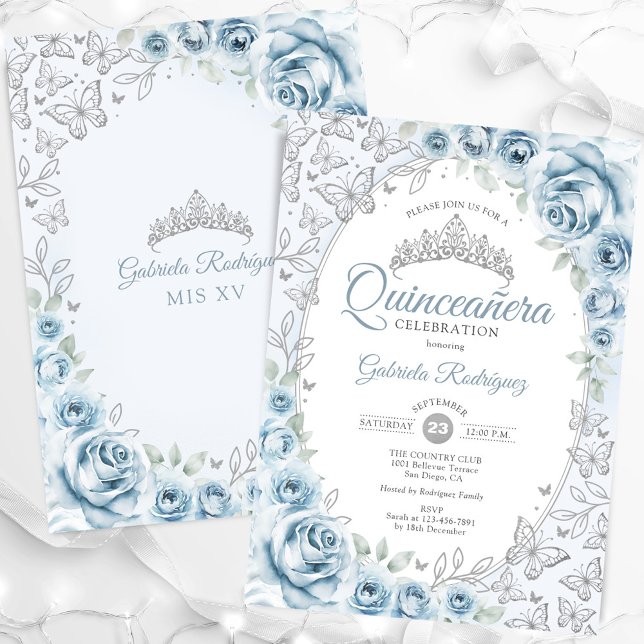 Invitation Bébé Bleu Argent Floral Quinceanera (Créateur téléchargé)