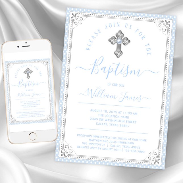 Invitation Bébé bleu Argent Garçon Baptême (Baby blue silver baptism invitations. Instant download and printed invitations available.)