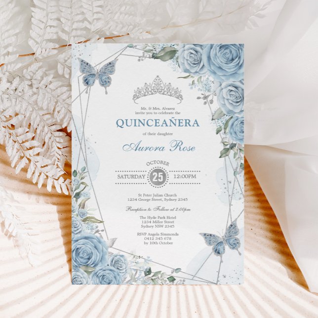 Invitation Bébé Bleu Argent Quinceañera Papillon géométrique (Créateur téléchargé)