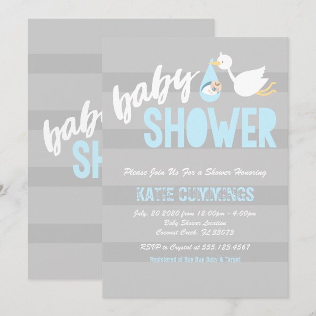 Invitation Bébé bleu avec une Baby shower de cigogne Invitati (Devant / Derrière)