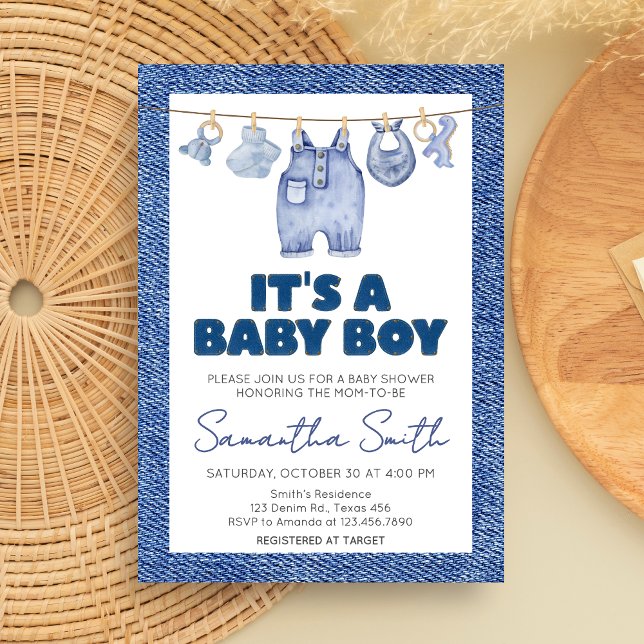 Invitation Bébé Bleu Baby shower Jean (Blue Jean Denim Baby Shower Invitation)