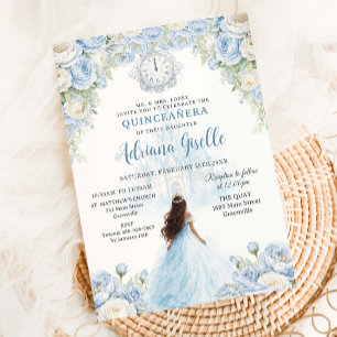 Invitation Bébé Bleu Blanc Floral Cendrillon Quinceanera 15
