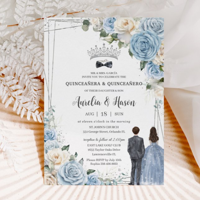 Invitation Bébé Bleu Blanc Floral Twins Garçon fille Quinceañ (baby blue white floral roses silver quinceanero quinceanera twins boy girl invitation cards download)