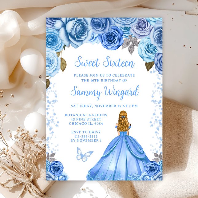 Invitation Bébé Bleu Blonde cheveux Princesse Sweet sixteen (Créateur téléchargé)