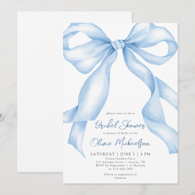 Invitation Bébé Bleu Bow Coquette Fête des mariées ruban (Devant / Derrière)