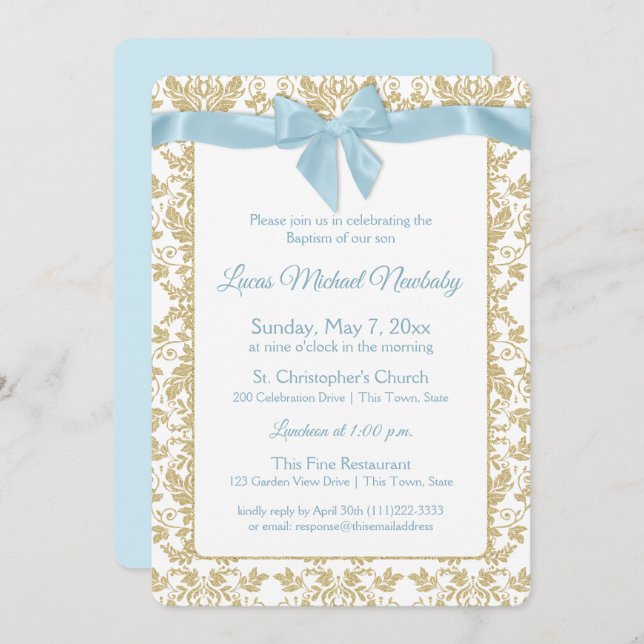 Invitation Bébé Bleu Bow et Or Damask Baptême (Devant / Derrière)