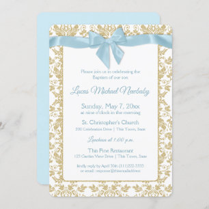 Invitation Bébé Bleu Bow et Or Damask Baptême