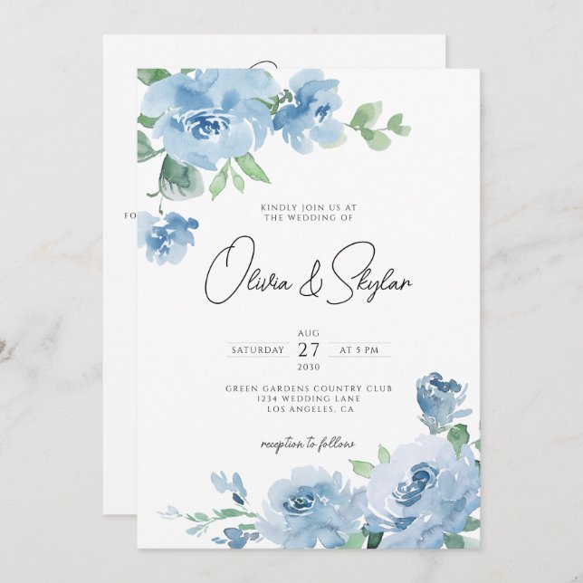 Invitation Bébé bleu clair QR Botanique tout en un Mariage (Devant / Derrière)