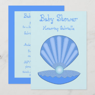 Invitation Bébé bleu Coquille d'huîtres et Baby shower Pearl