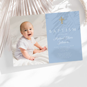 Invitation Bébé Bleu Croix Religieuse Boy Photo Baptême