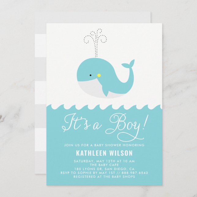 Invitation Bébé Bleu Cute Baleine C'est un Baby shower de gar (Devant / Derrière)